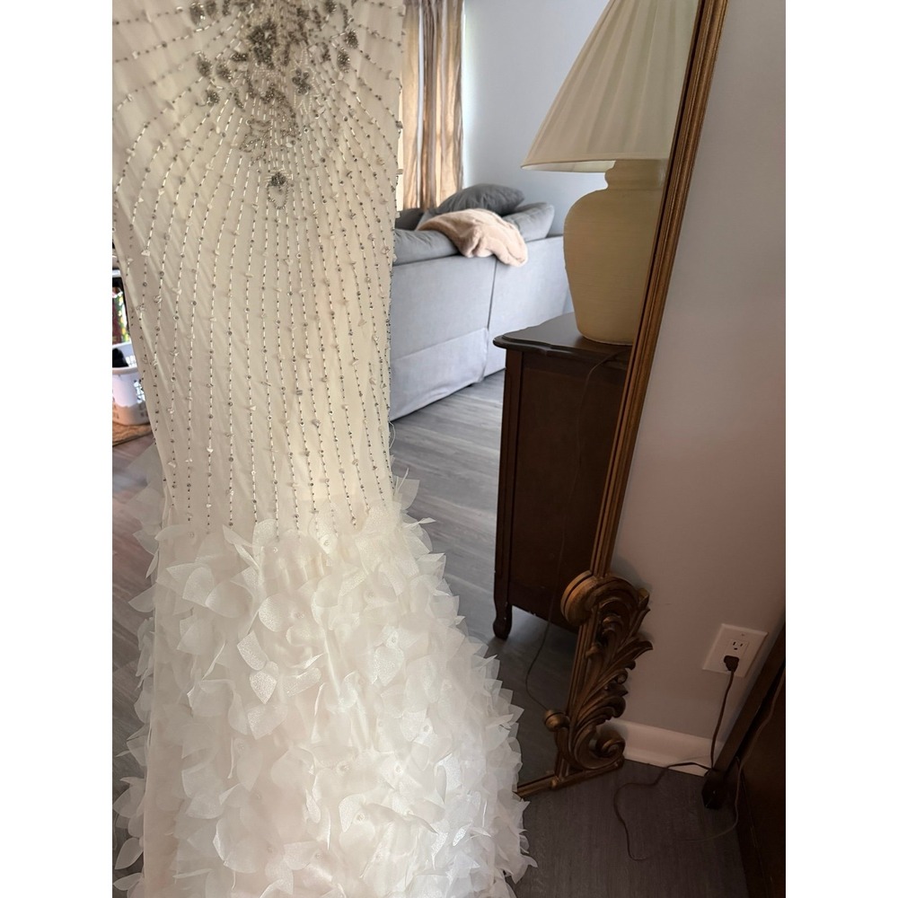 Vintage Sue Wong Silk Beaded Bridal Gown White Sunburst Beaded Silver Appliqué - Picture 4 of 10